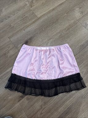 Pink Satin Mini Skirt with Black Lace Trim